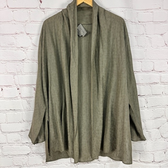 Jaeger Sweater Women Green Open Front Cardigan Floral Shrug Layer Side Split Hem - Picture 1 of 7